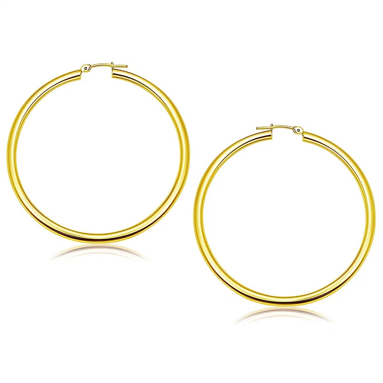 14k Yellow Gold Polished Hoop Earrings (3x50mm) in a sleek high-contrast midnight luxury editorial style
